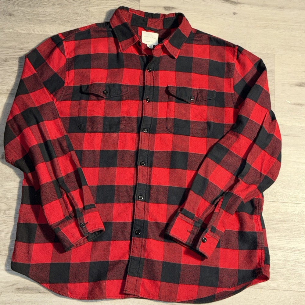 American Eagle Flannel Shirt Men Extra Large Red Black Buffalo Plaid Soft‎